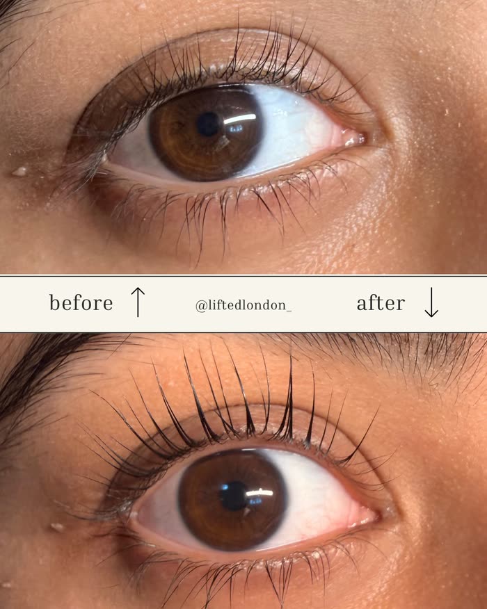 One eye before and after a lash lift, the lashes lifted and opened up
