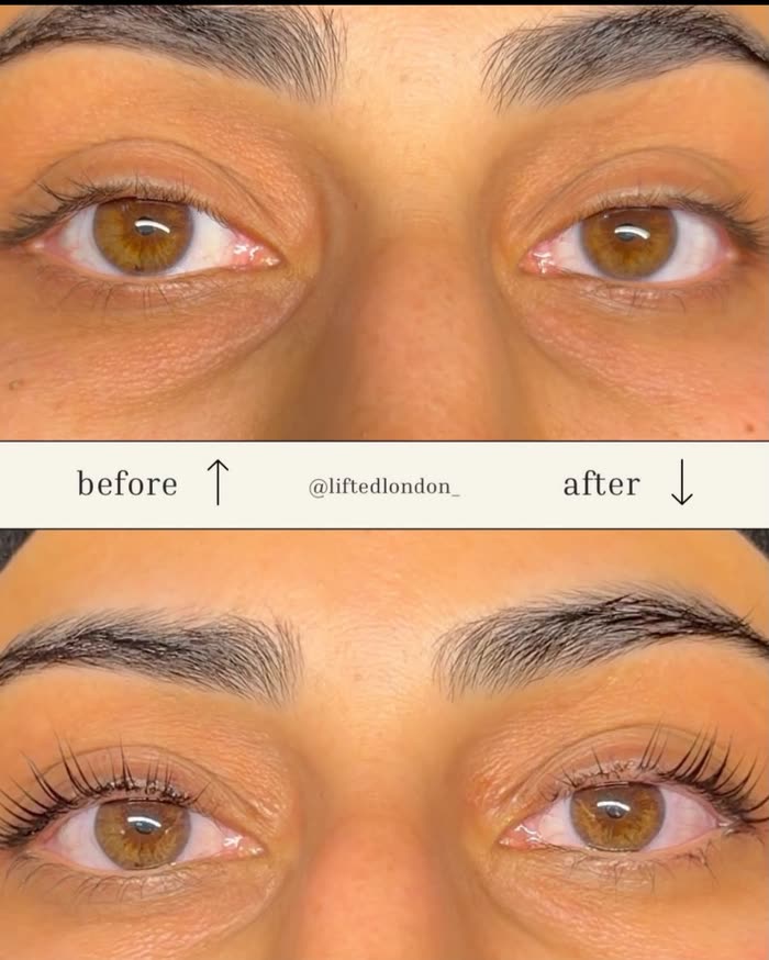 Both eyes before and after a lash lift, the lashes curled upward
